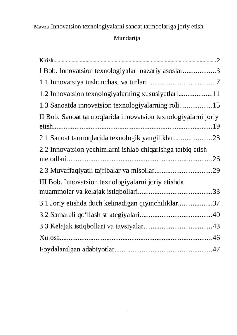 Innovatsion texnologiyalarni sanoat tarmoqlariga joriy etish