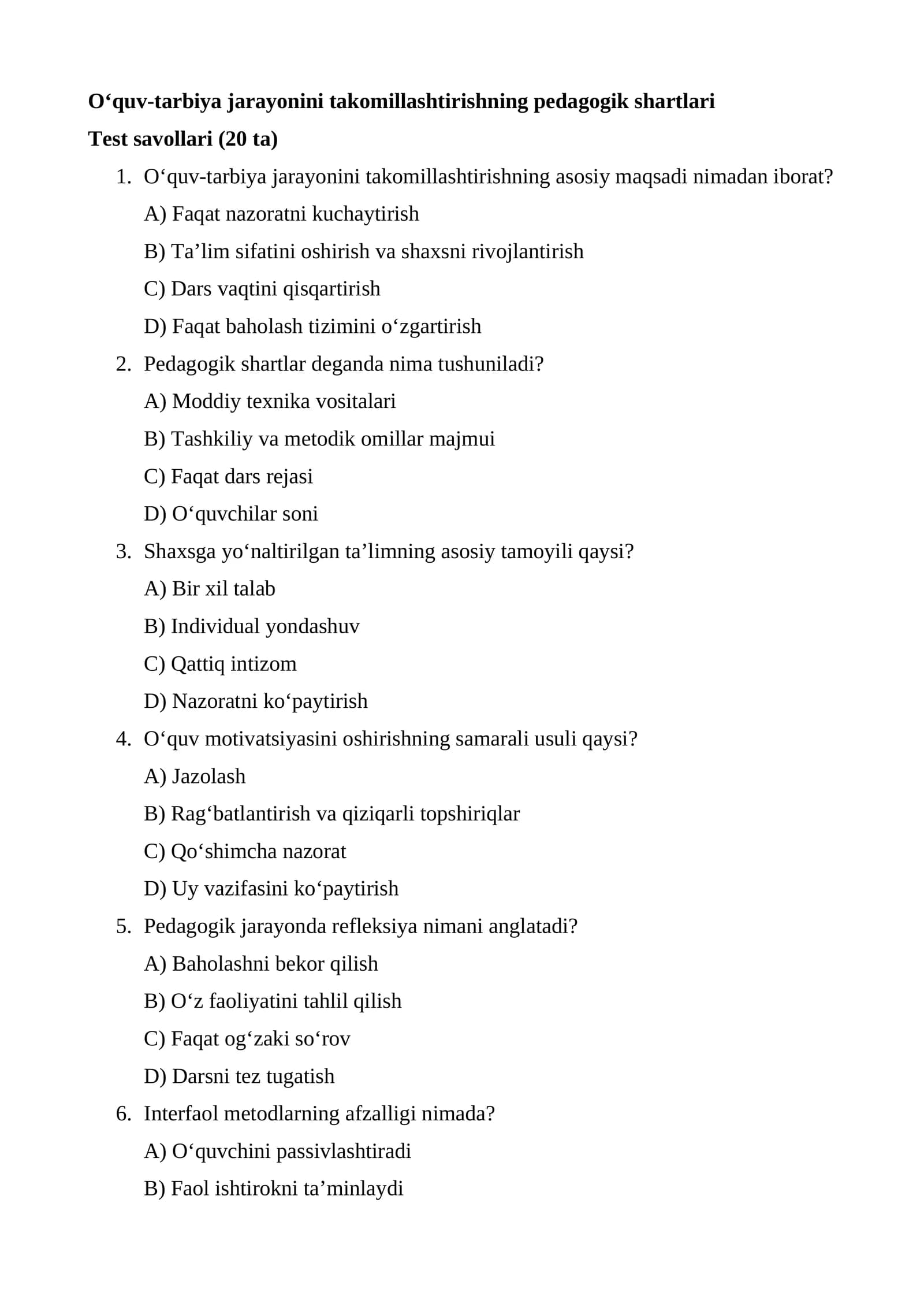O‘quv-tarbiya jarayonini takomillashtirishning pedagogik shartlari