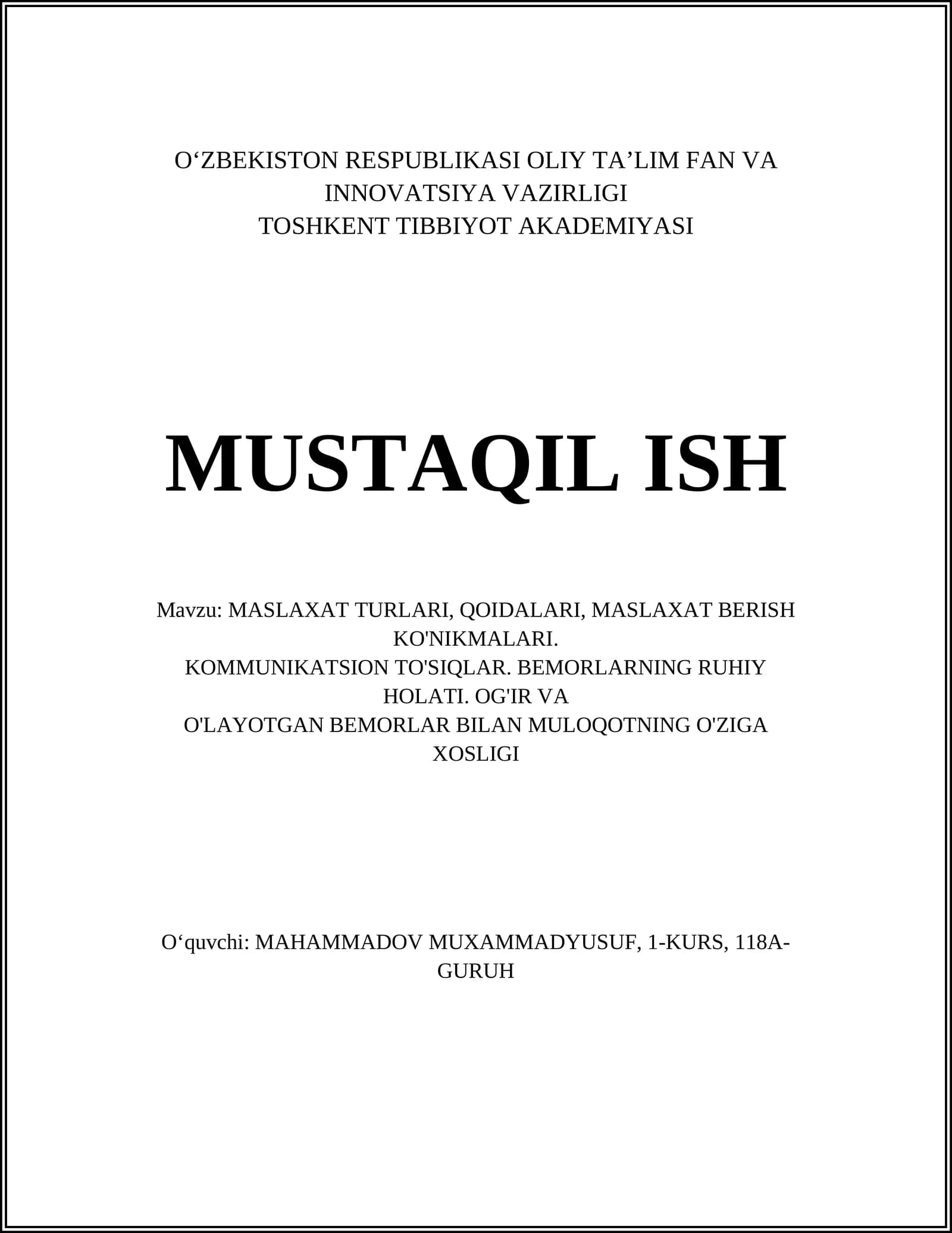 MASLAXAT TURLARI, QOIDALARI, MASLAXAT BERISH KO'NIKMALARI