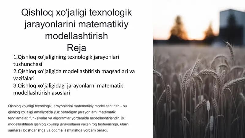 Qishloq xo'jaligi texnologik jarayonlarini matematikiy modellashtirish