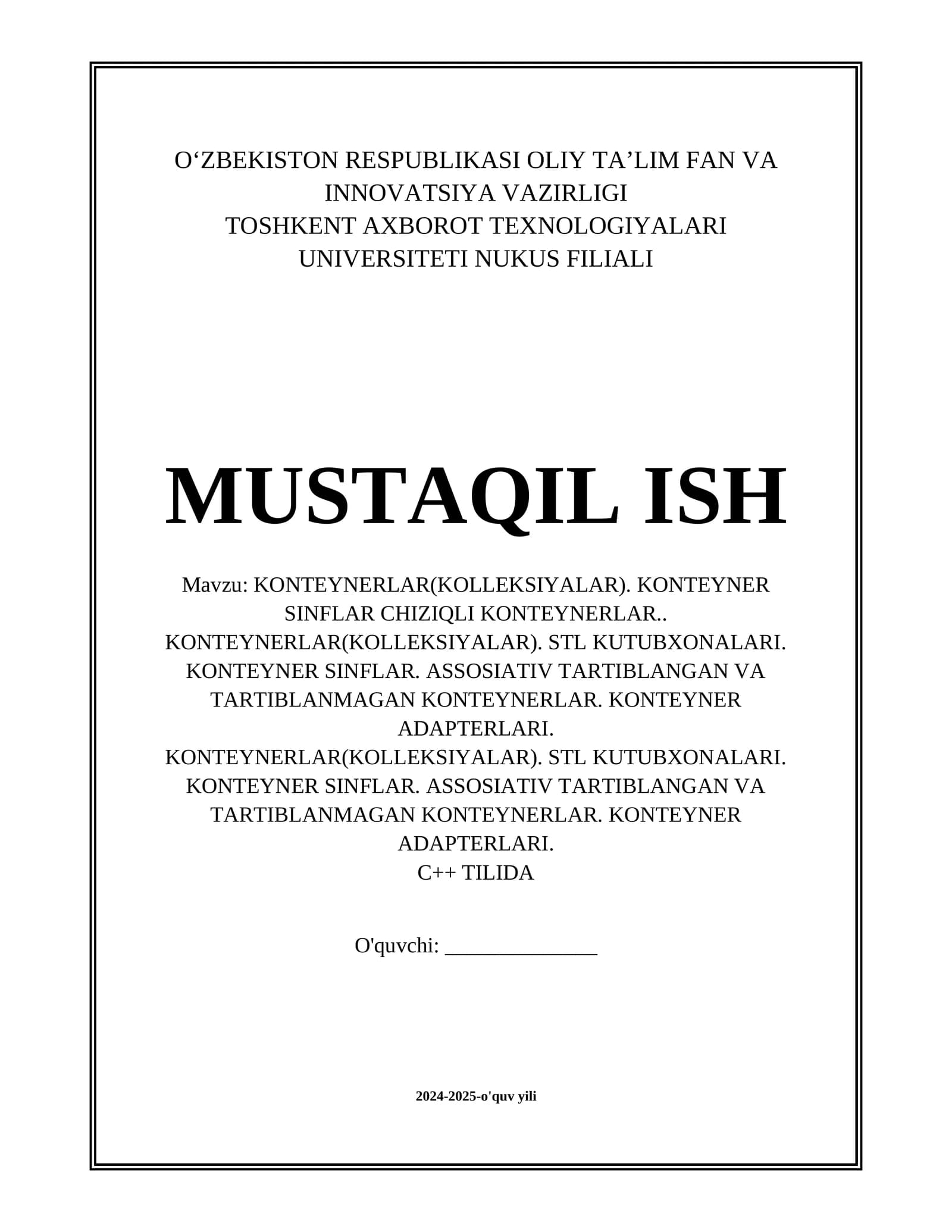 KONTEYNERLAR(KOLLEKSIYALAR). KONTEYNER SINFLAR CHIZIQLI KONTEYNERLAR.. KONTEYNERLAR(KOLLEKSIYALAR). STL KUTUBXONALARI. KONTEYNER SINFLAR. ASSOSIATIV TARTIBLANGAN VA TARTIBLANMAGAN KONTEYNERLAR. KONTEYNER ADAPTERLARI. C++ da
