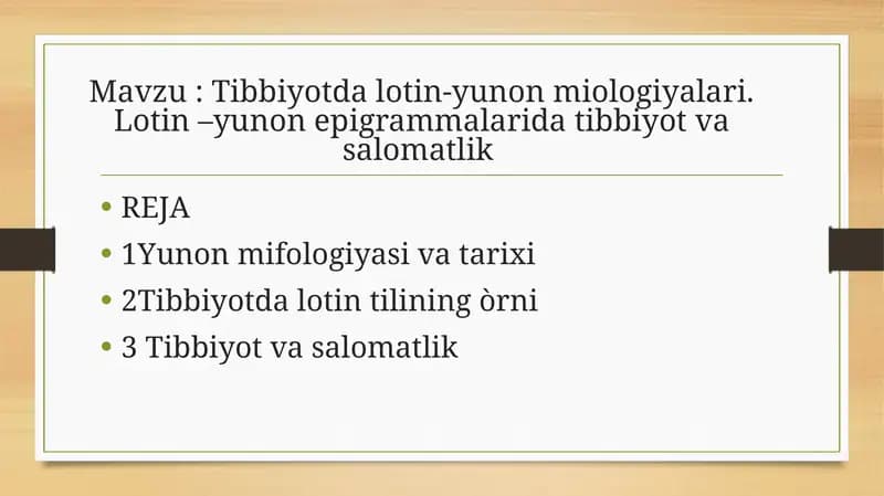 Tibbiyotda lotin-yunon miologiyalari. Lotin –yunon epigrammalarida tibbiyot va salomatlik