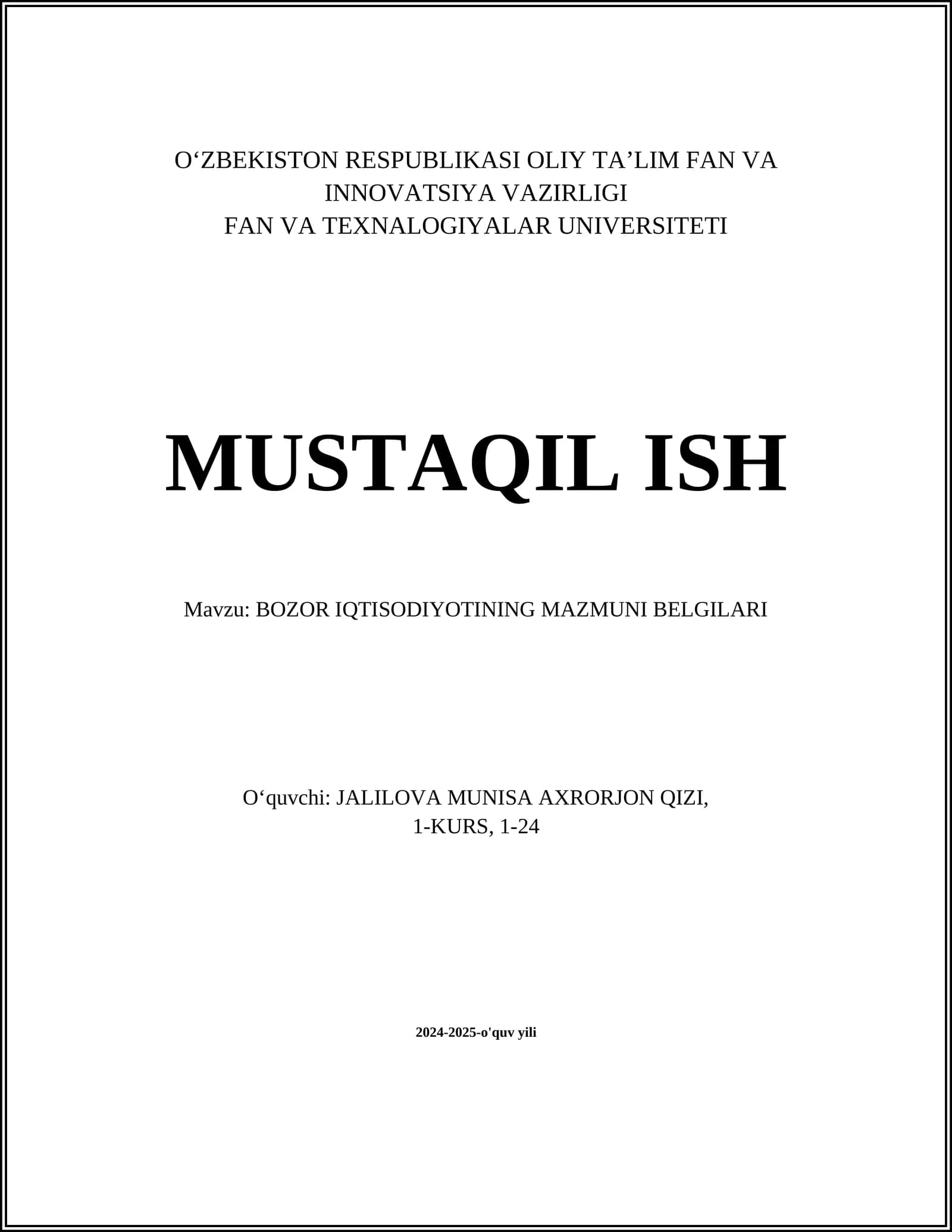 BOZOR IQTISODIYOTINING MAZMUNI BELGILARI
