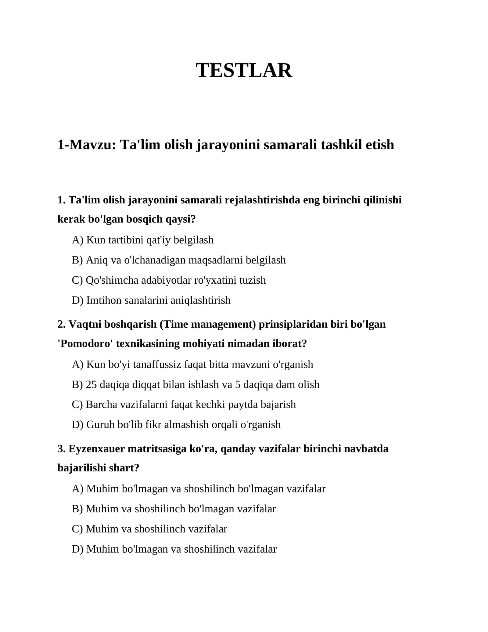 Ta'lim olish jarayonini samarali tashkil etish