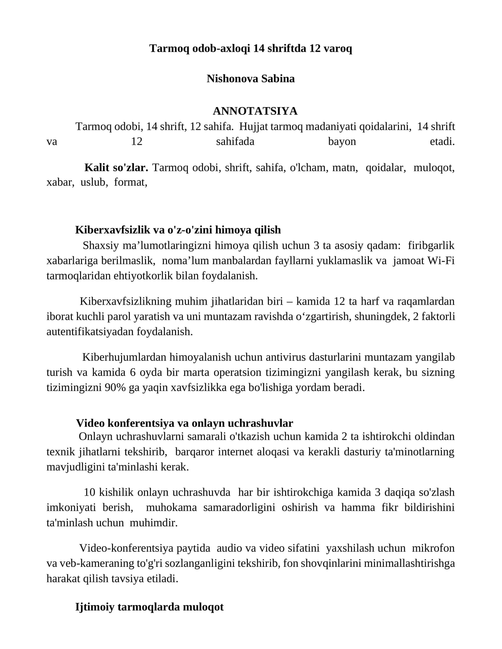 Tarmoq odob-axloqi 14 shriftda 12 varoq