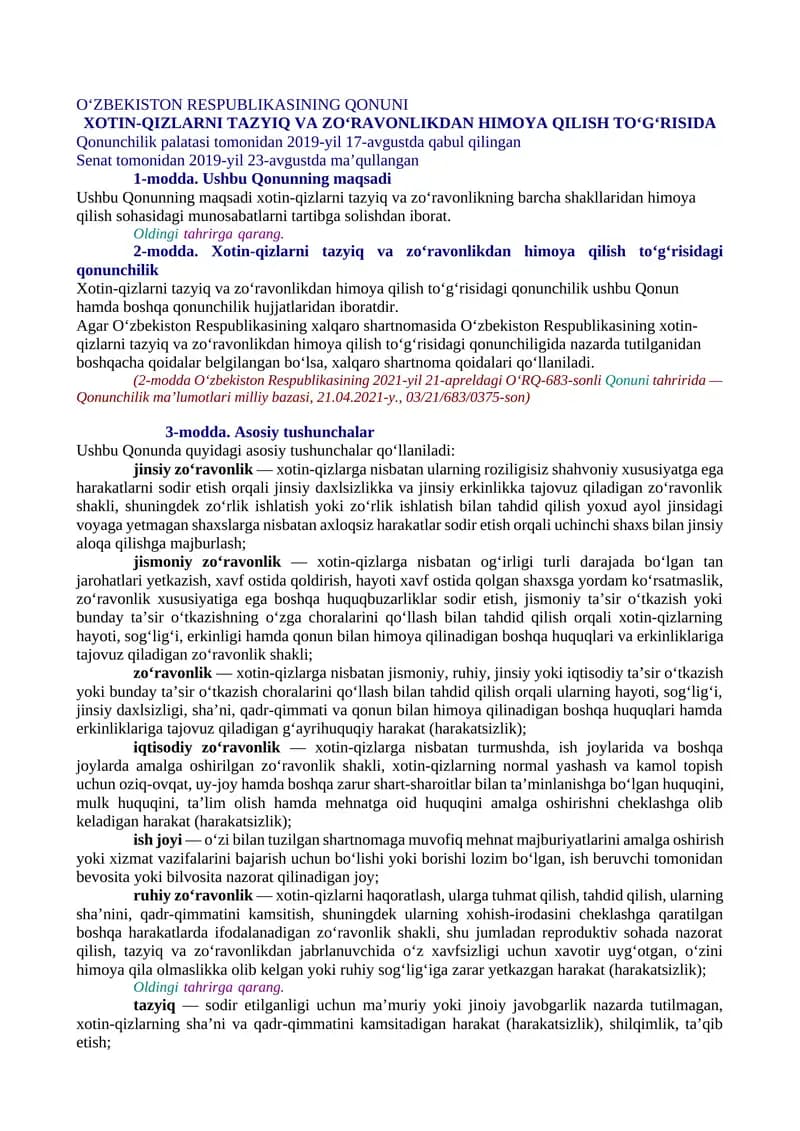 XOTIN-QIZLARNI TAZYIQ VA ZO‘RAVONLIKDAN HIMOYA QILISH TO‘G‘RISIDA
