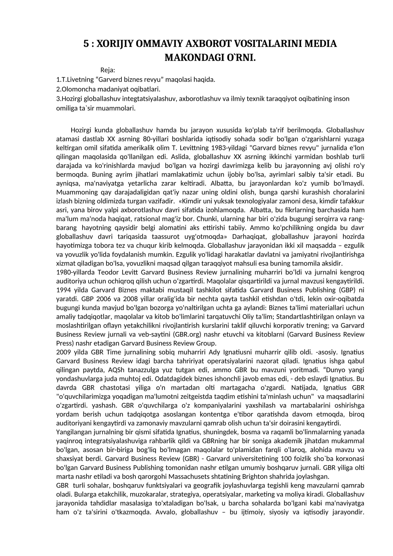 XORIJIY OMMAVIY AXBOROT VOSITALARINI MEDIA MAKONDAGI O`RNI