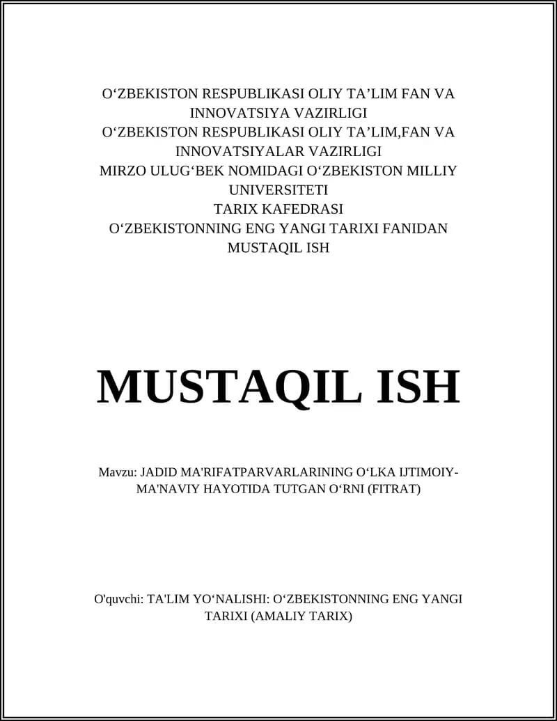 JADID MA'RIFATPARVARLARINING OʻLKA IJTIMOIY-MA'NAVIY HAYOTIDA TUTGAN OʻRNI (FITRAT)