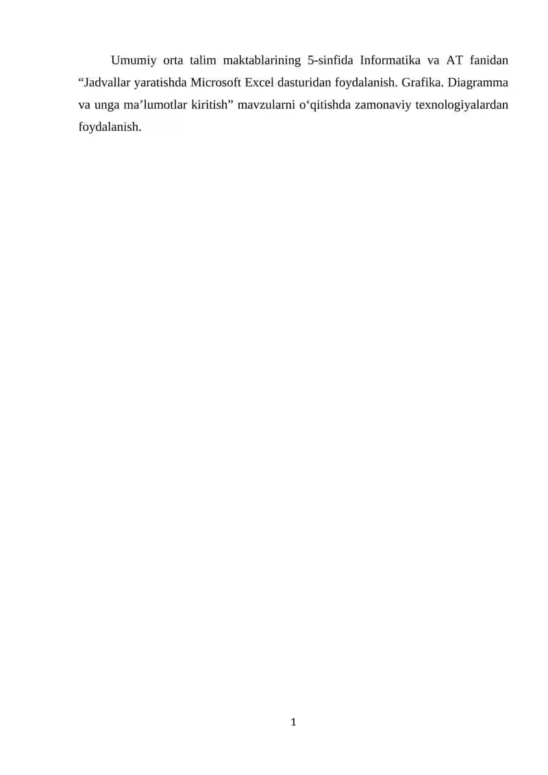 Jadvallar yaratishda Microsoft Excel dasturidan foydalanish. Grafika. Diagramma va unga maʼlumotlar kiritish