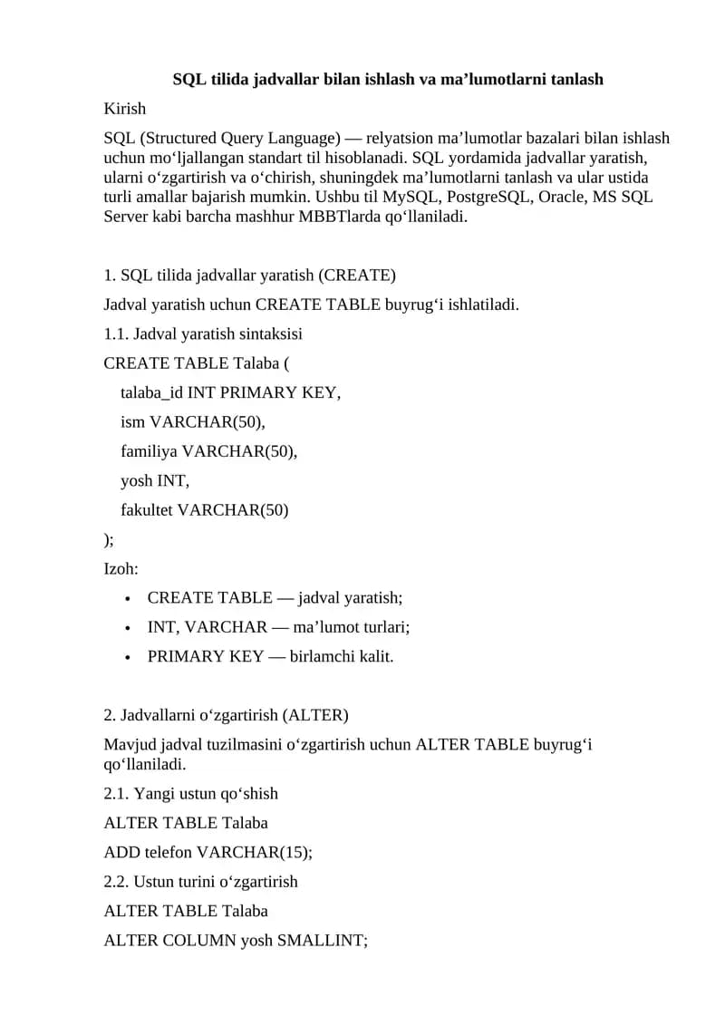 SQL tilida jadvallar bilan ishlash va ma’lumotlarni tanlash