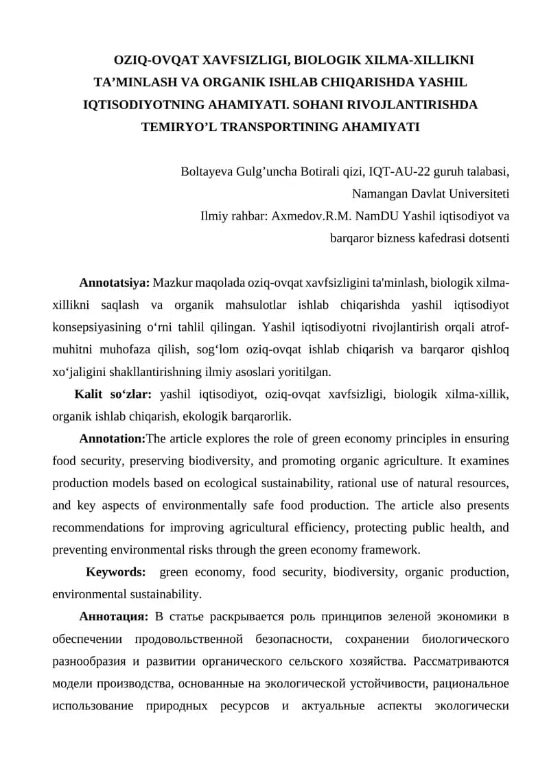 OZIQ-OVQAT XAVFSIZLIGI, BIOLOGIK XILMA-XILLIKNI TA’MINLASH VA ORGANIK ISHLAB CHIQARISHDA YASHIL IQTISODIYOTNING AHAMIYATI