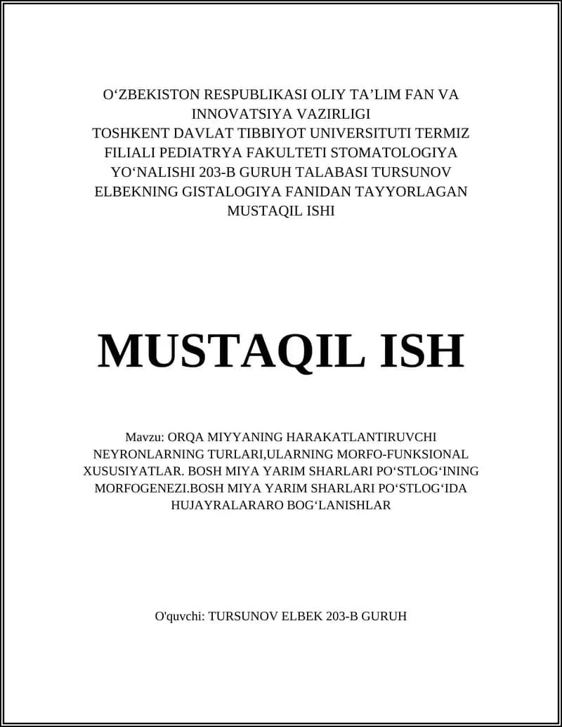 ORQA MIYYANING HARAKATLANTIRUVCHI NEYRONLARNING TURLARI