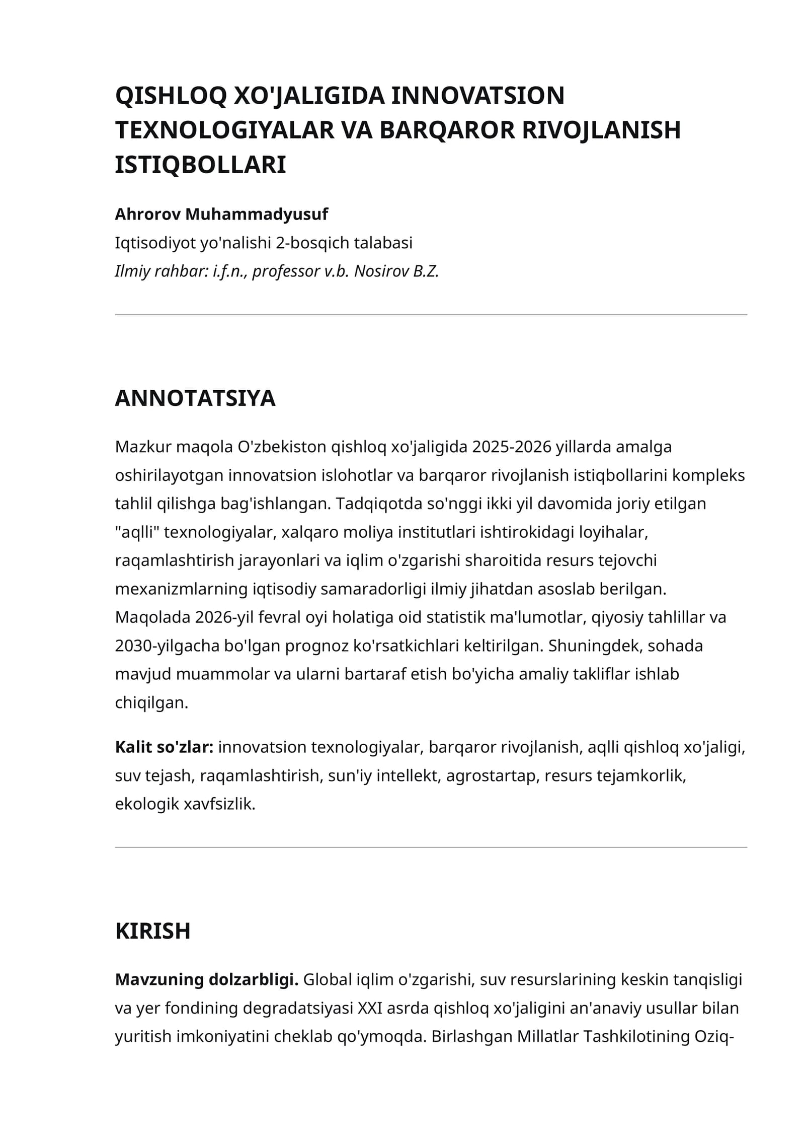 QISHLOQ XO'JALIGIDA INNOVATSION TEXNOLOGIYALAR VA BARQAROR RIVOJLANISH ISTIQBOLLARI
