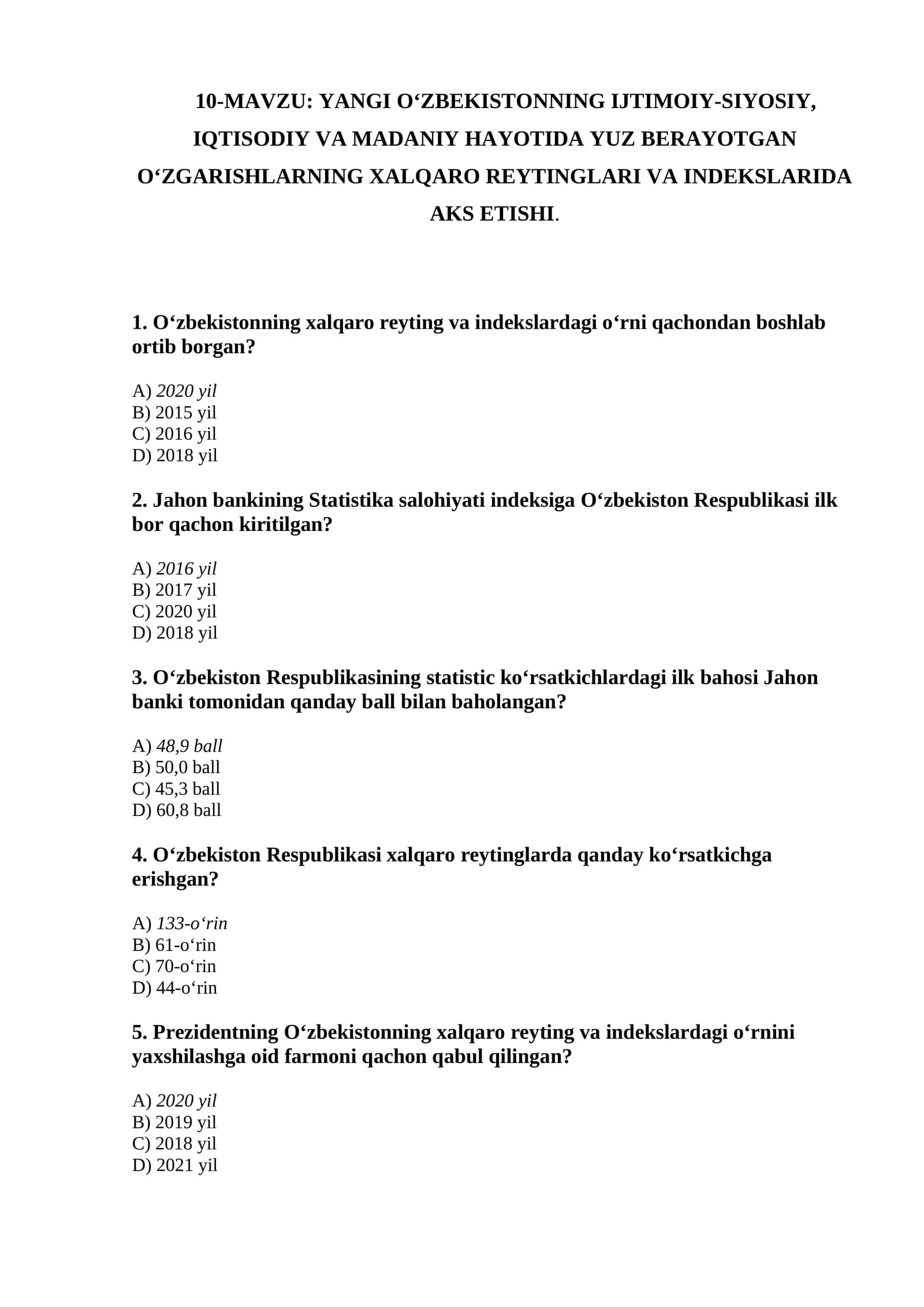 O‘zbekistonning xalqaro reyting va indekslardagi o‘rni
