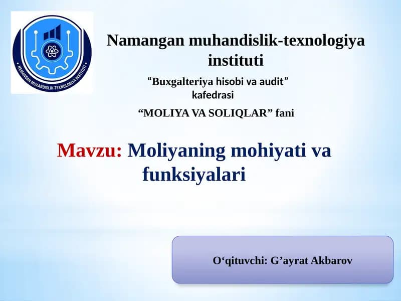 Moliyaning Mohiyati va Funksiyalari