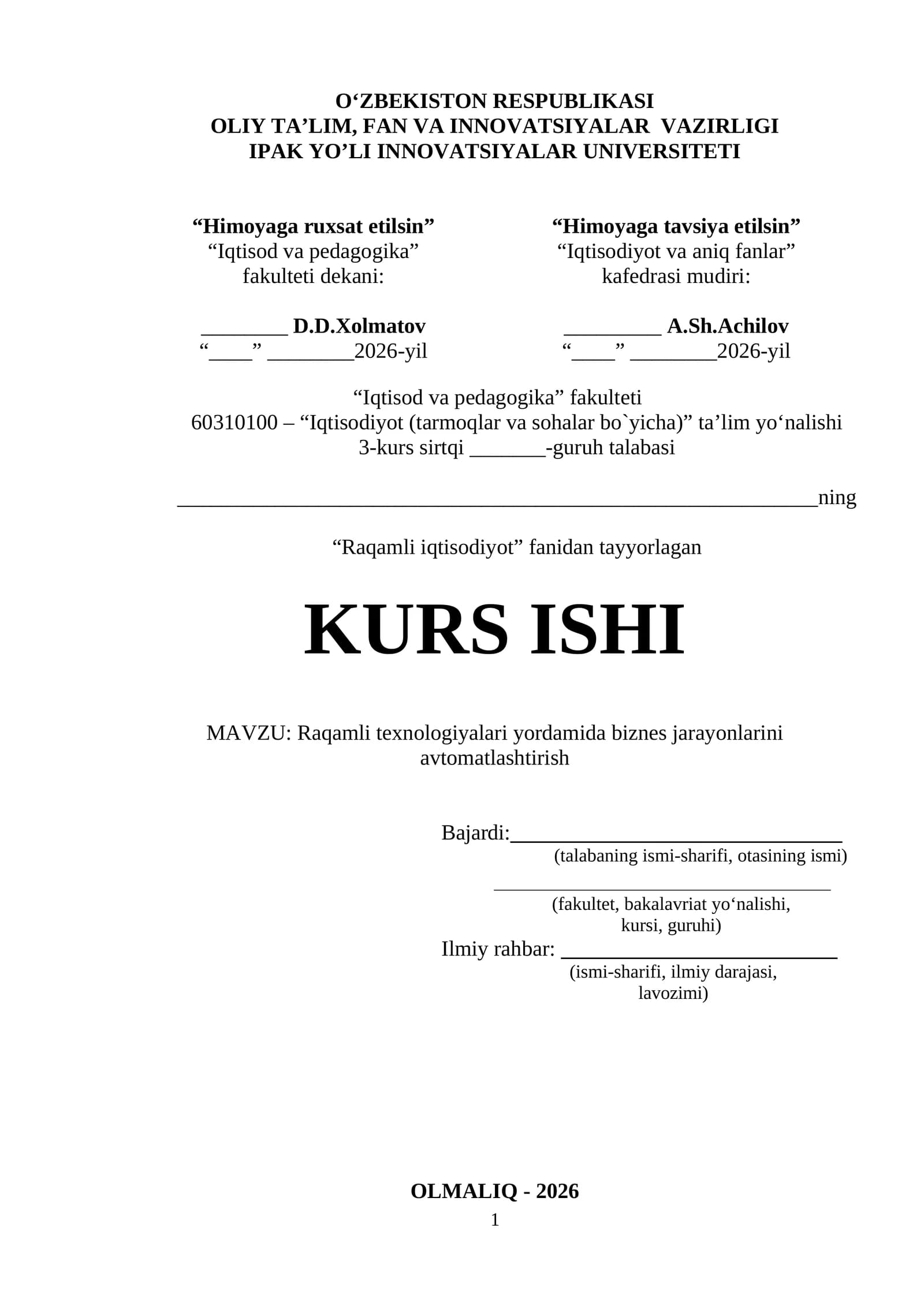 Raqamli texnologiyalari yordamida biznes jarayonlarini avtomatlashtirish