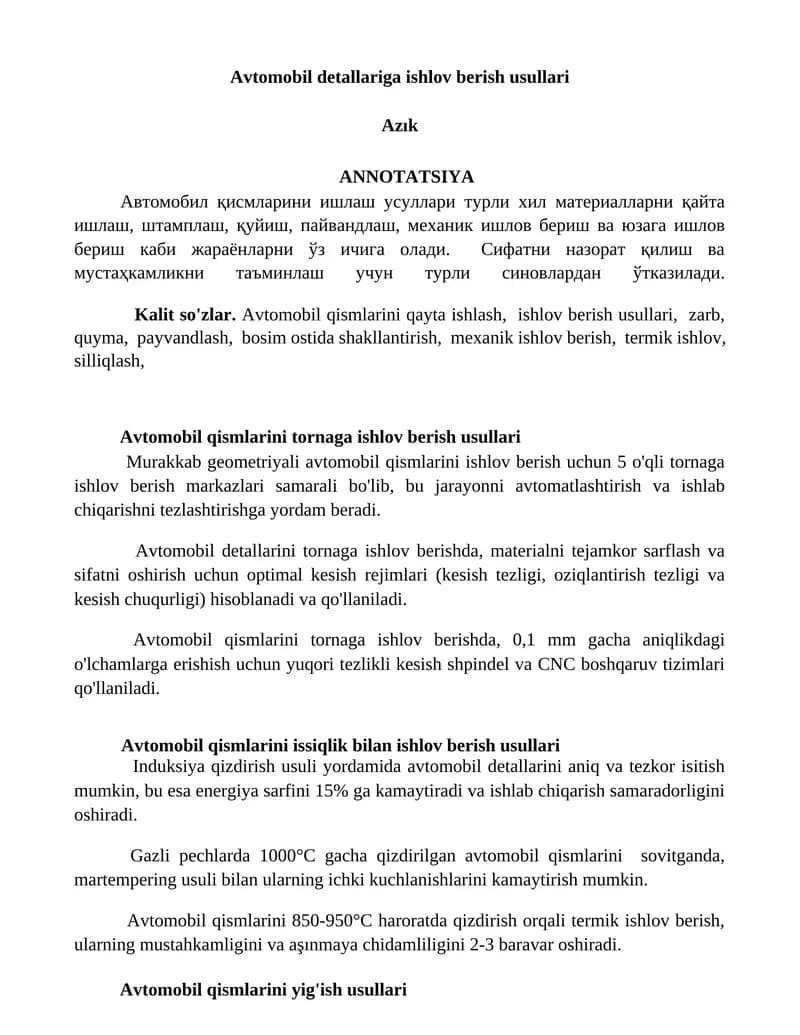 Avtomobil detallariga ishlov berish usullari