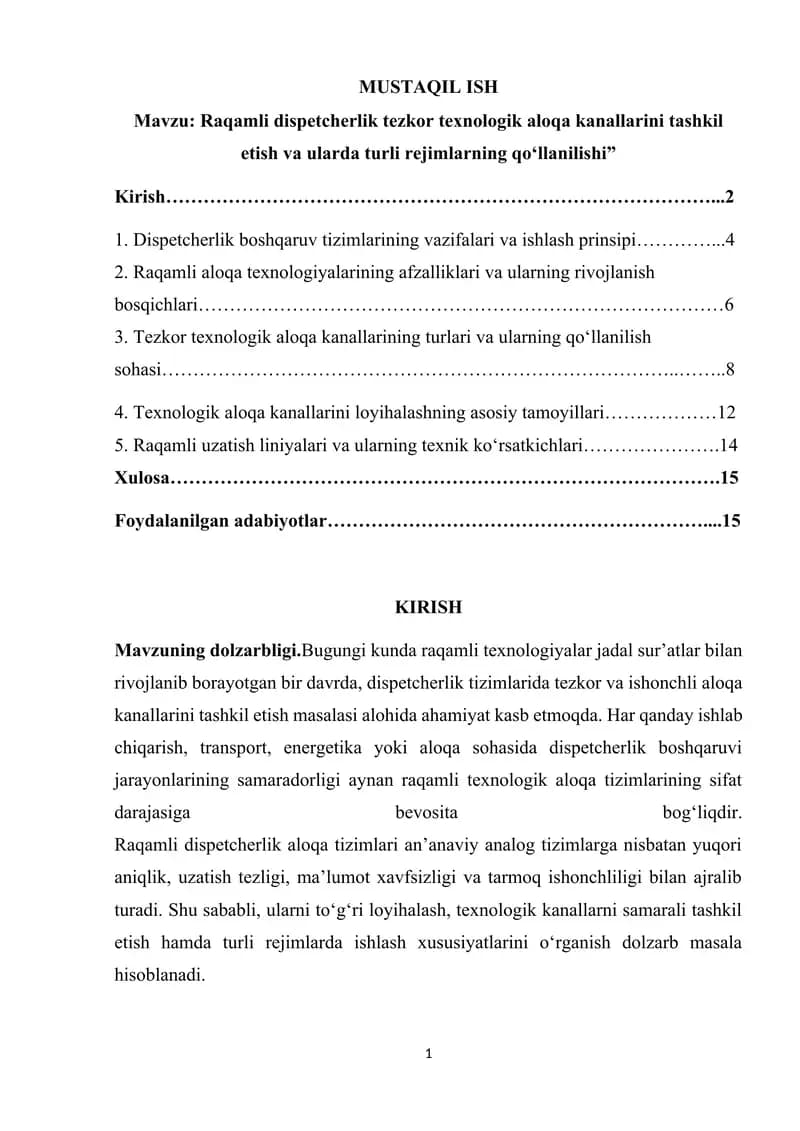 Raqamli dispetcherlik tezkor texnologik aloqa kanallarini tashkil etish va ularda turli rejimlarning qo‘llanilishi