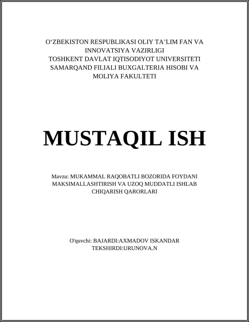 Mukammal raqobatli bozorida foyda maksimalizatsiyasi tamoyillari