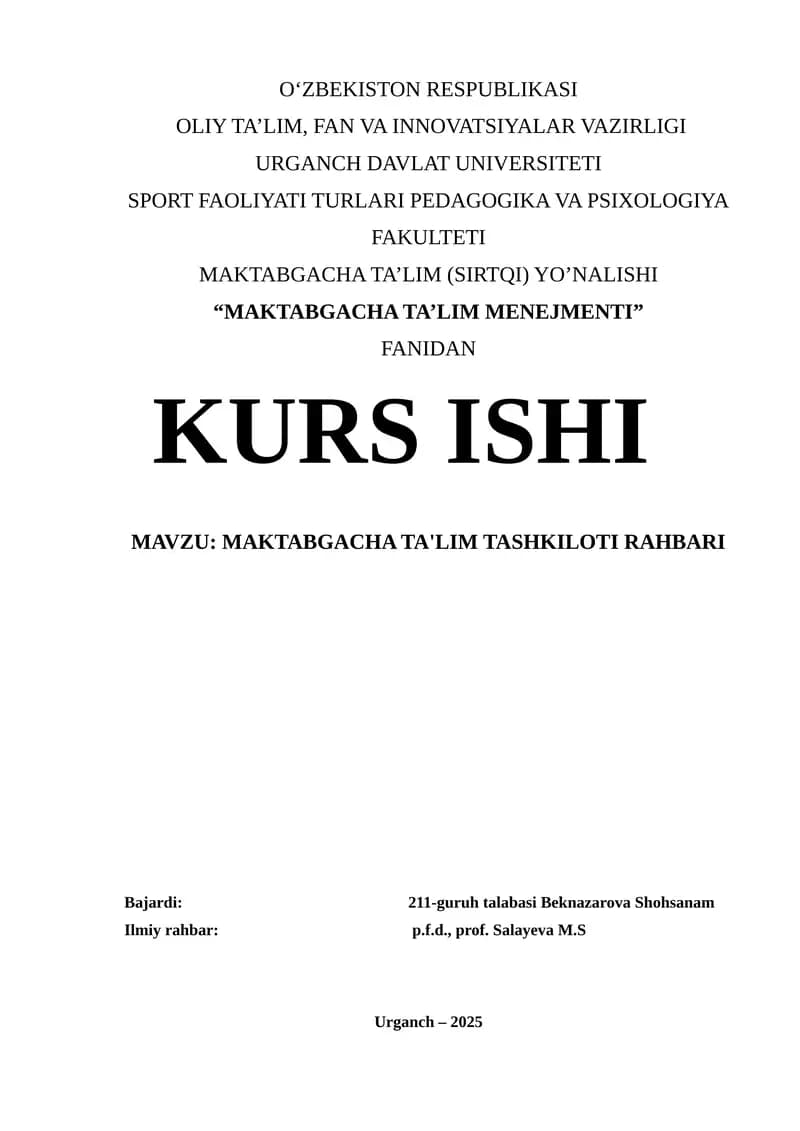 MAKTABGACHA TA'LIM MENEJMENTI