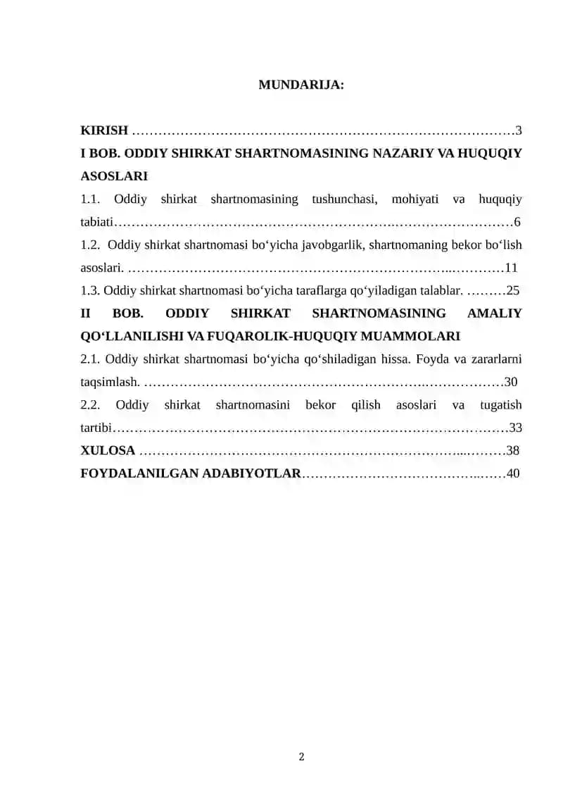 ODDIY SHIRKAT SHARTNOMASINI FUQAROLIK-HUQUQIY TARTIBGA SOLISHNING OʻZIGA XOS XUSUSIYATLARI
