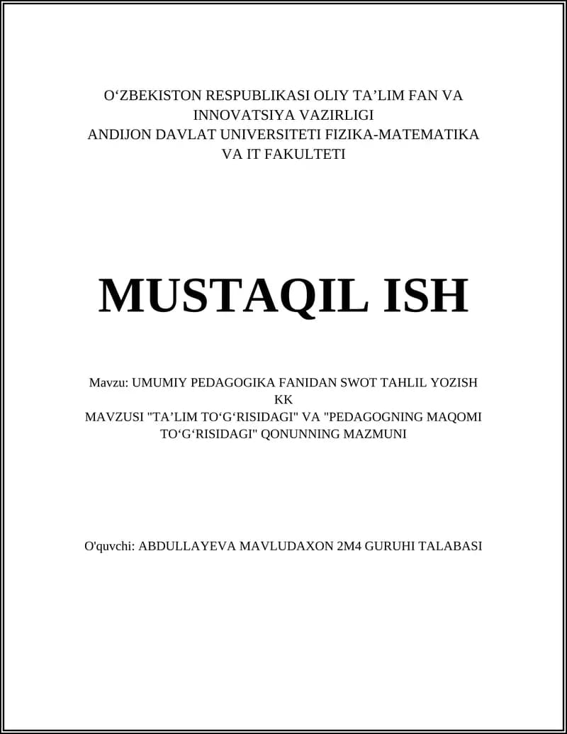 UMUMIY PEDAGOGIKA FANIDAN SWOT TAHLIL YOZISH