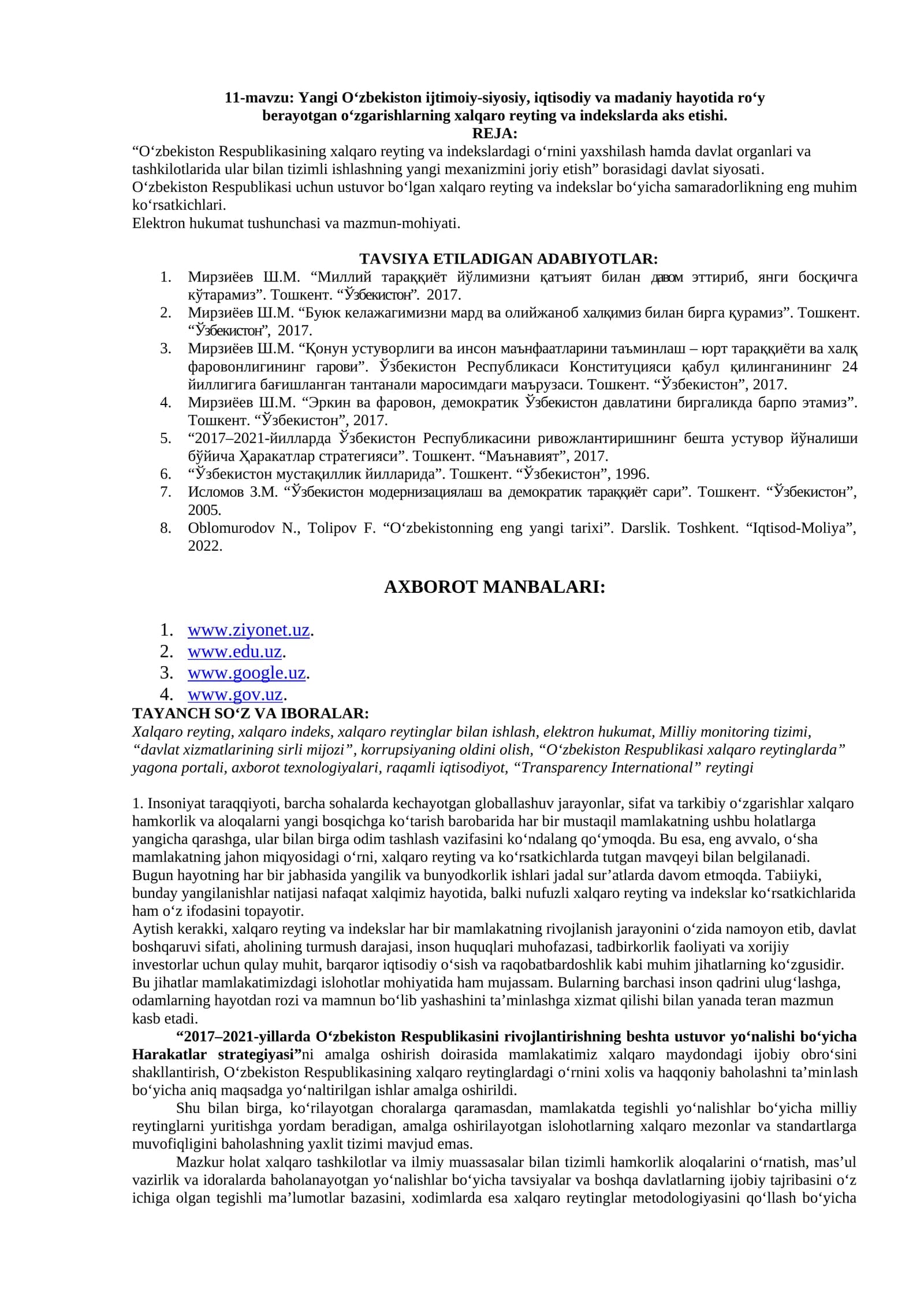 Yangi O‘zbekiston ijtimoiy-siyosiy, iqtisodiy va madaniy hayotida roʻy berayotgan oʻzgarishlar