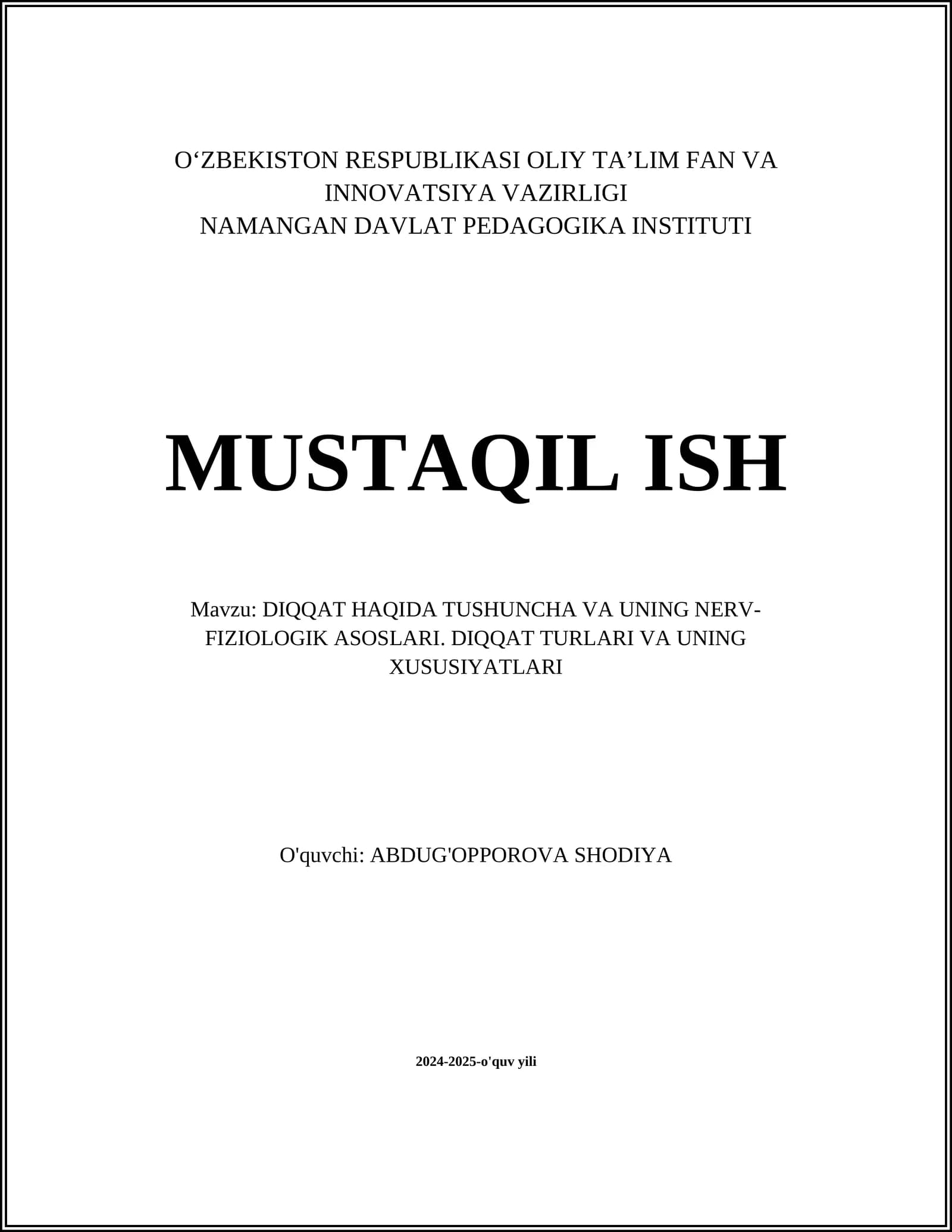 DIQQAT HAQIDA TUSHUNCHA VA UNING NERV-FIZIOLOGIK ASOSLARI