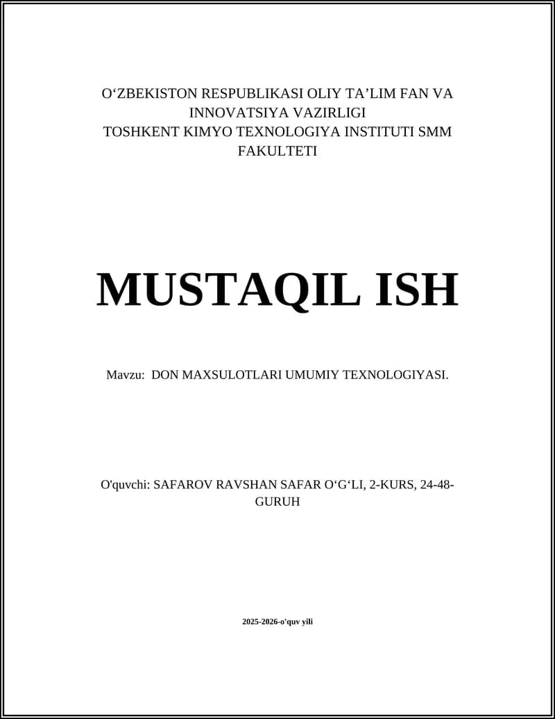 DON MAXSULOTLARI UMUMIY TEXNOLOGIYASI