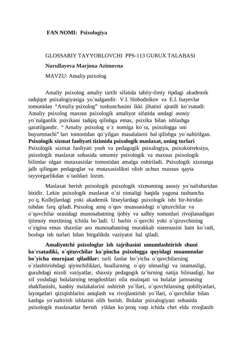 Amaliy psixologiya glossary