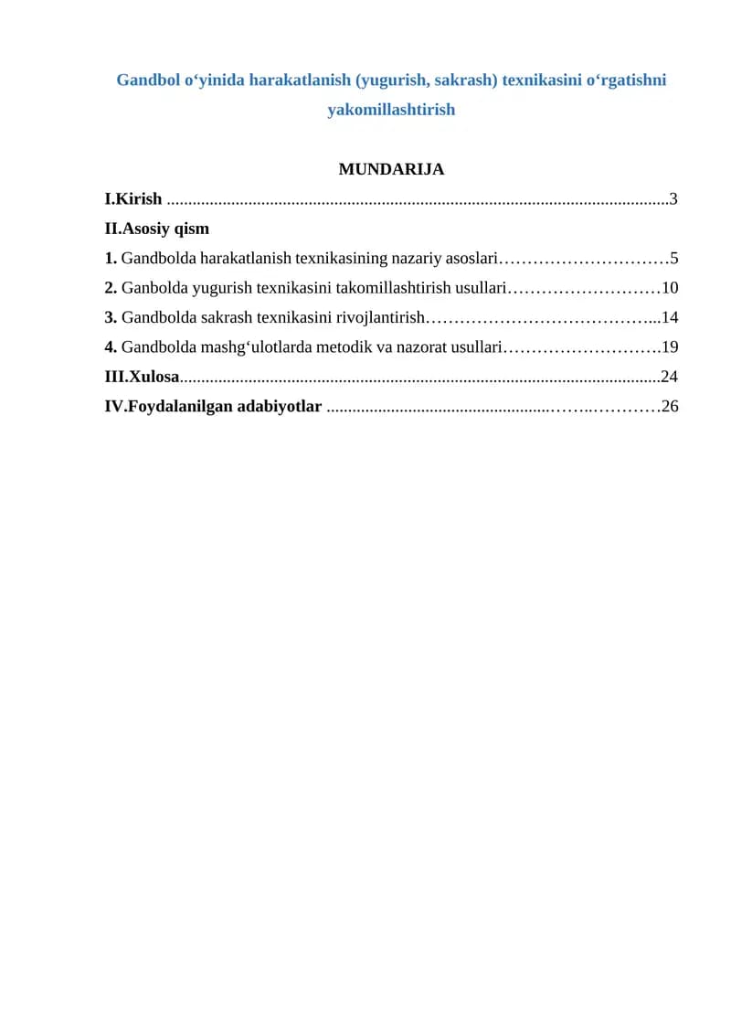 Gandbol o‘yinida harakatlanish (yugurish, sakrash) texnikasini o‘rgatishni yakomillashtirish
