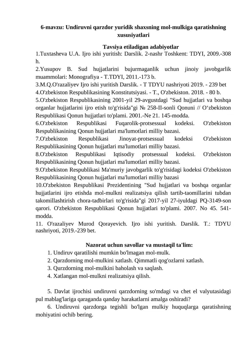 Undiruvni qarzdor yuridik shaxsning mol-mulkiga qaratishning xususiyatlari