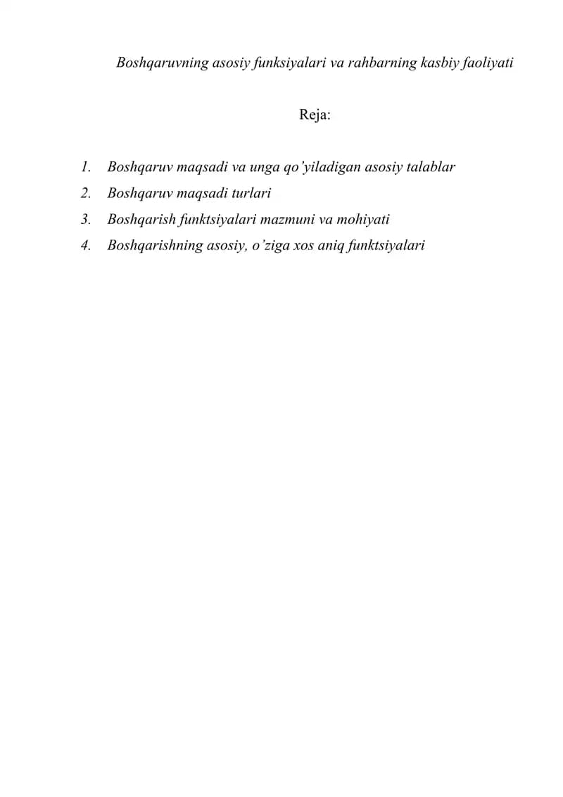 Boshqaruvning asosiy funksiyalari va rahbarning kasbiy faoliyati