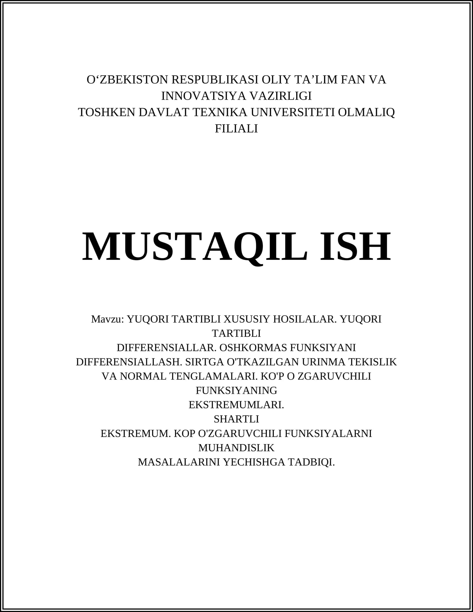 YUQORI TARTIBLI XUSUSIY HOSILALAR