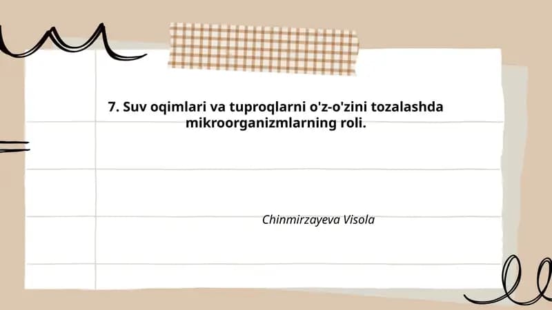Suv oqimlari va tuproqlarni o'z-o'zini tozalashda mikroorganizmlarning roli