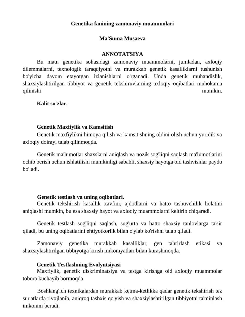 Genetika fanining zamonaviy muammolari