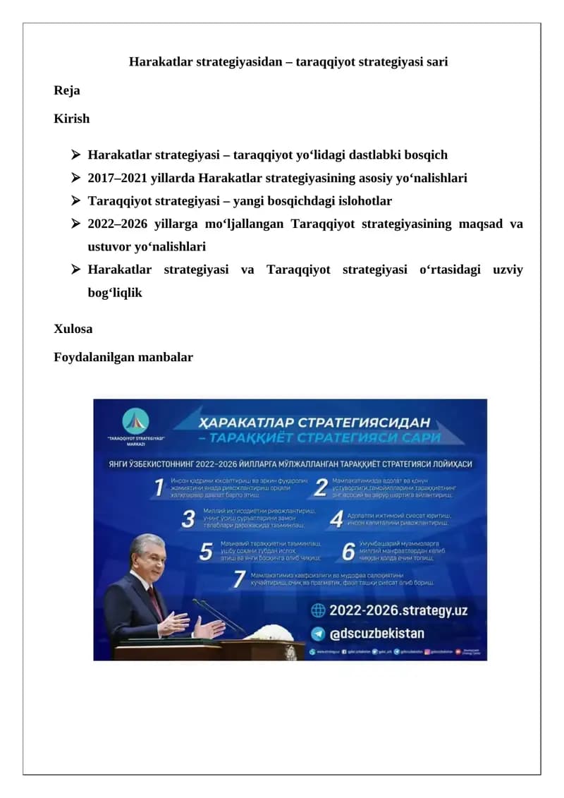 Harakatlar strategiyasidan – taraqqiyot strategiyasi sari