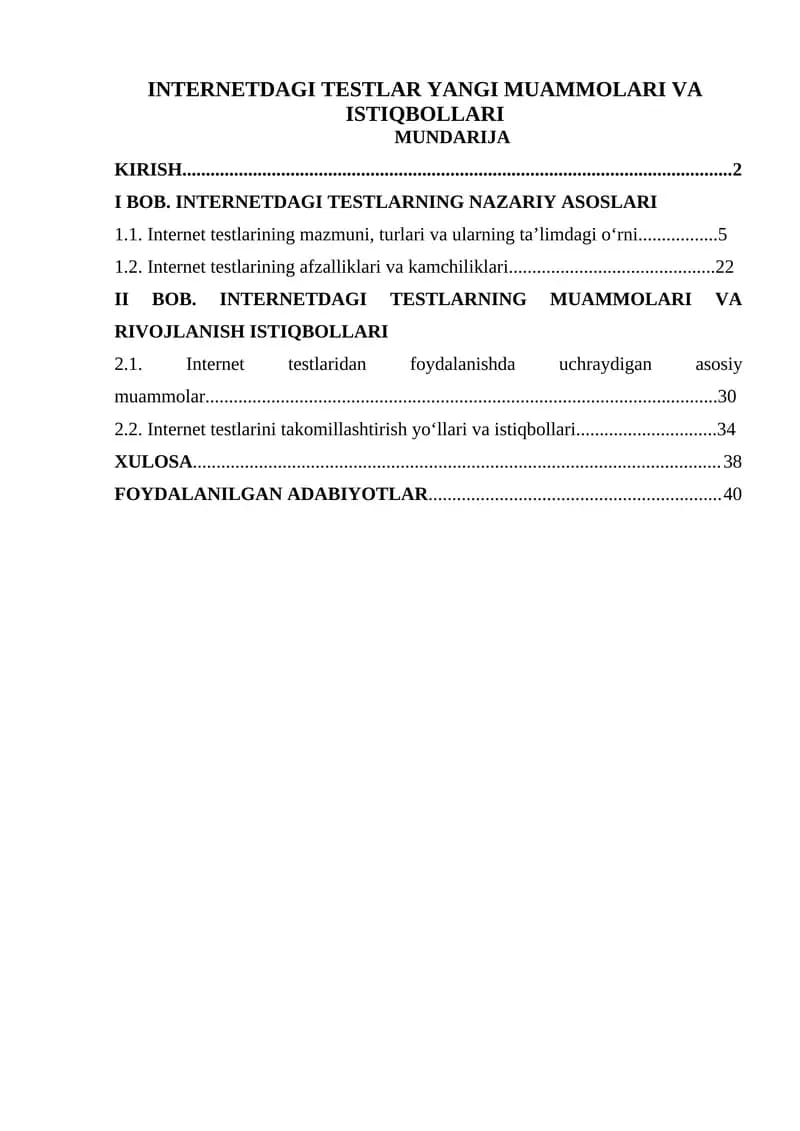 INTERNETDAGI TESTLAR YANGI MUAMMOLARI VA ISTIQBOLLARI
