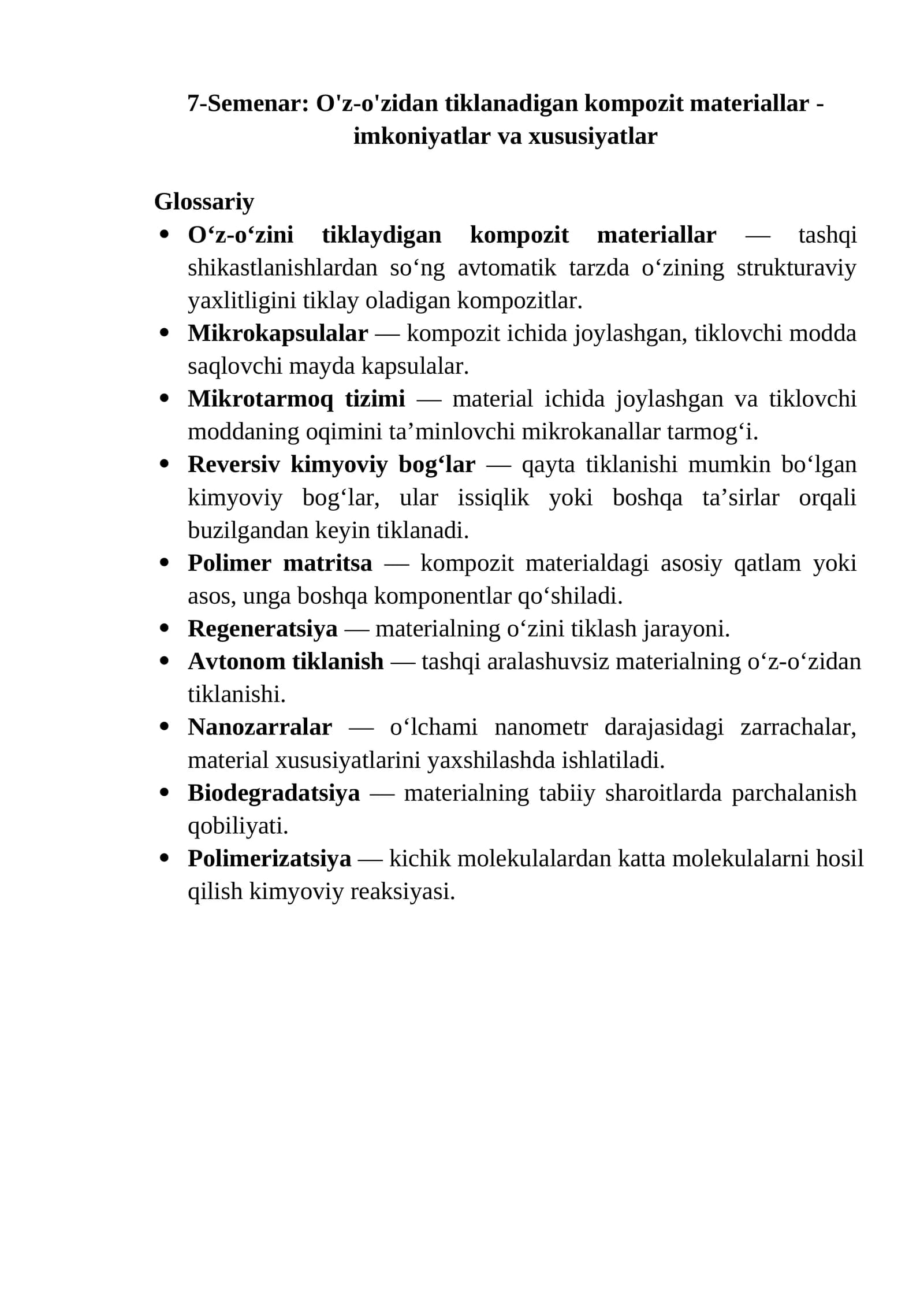 O'z-o'zidan tiklanadigan kompozit materiallar - imkoniyatlar va xususiyatlar