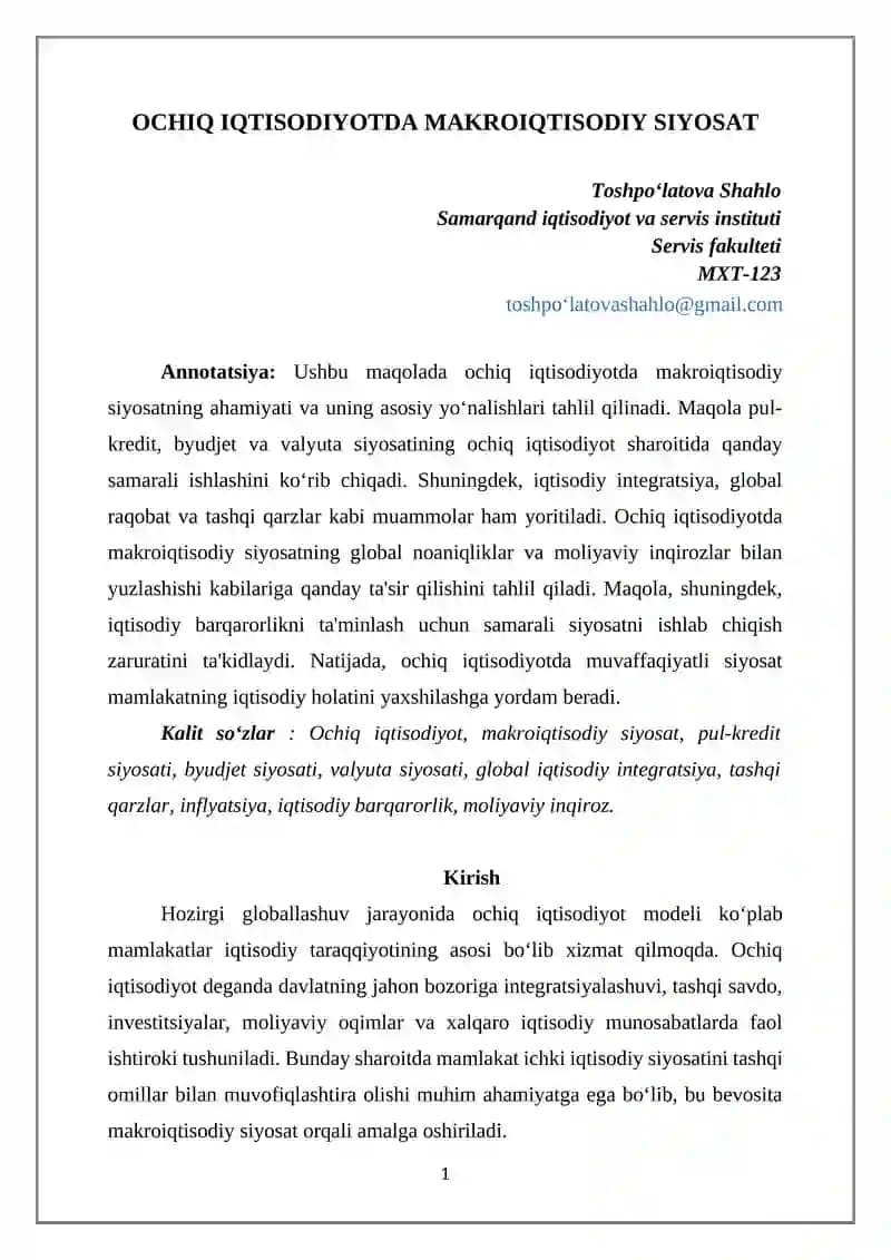 OCHIQ IQTISODIYOTDA MAKROIQTISODIY SIYOSAT