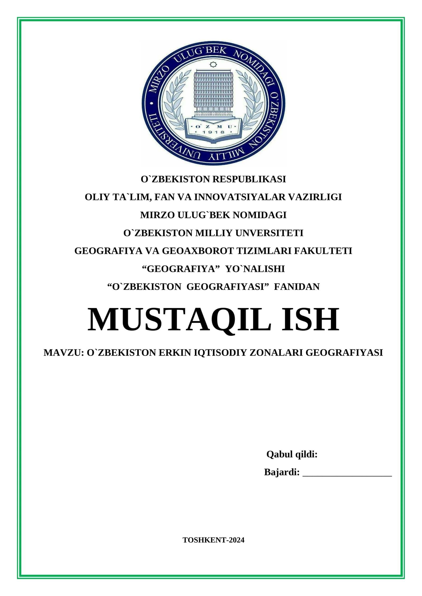 O‘zbekiston Erkin Iqtisodiy Zonalarini O‘rganish