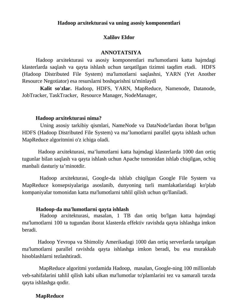 Hadoop arxitekturasi va uning asosiy komponentlari