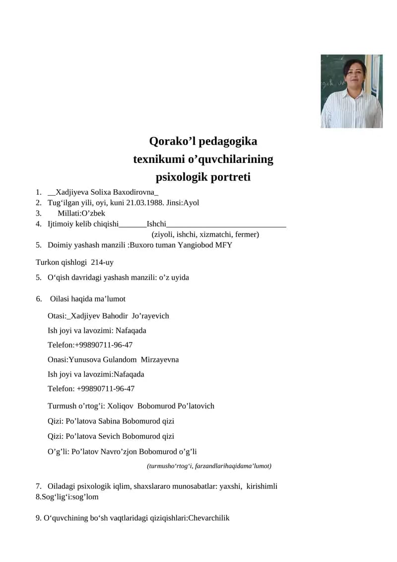Qorako’l pedagogika texnikumi o’quvchilarining psixologik portreti