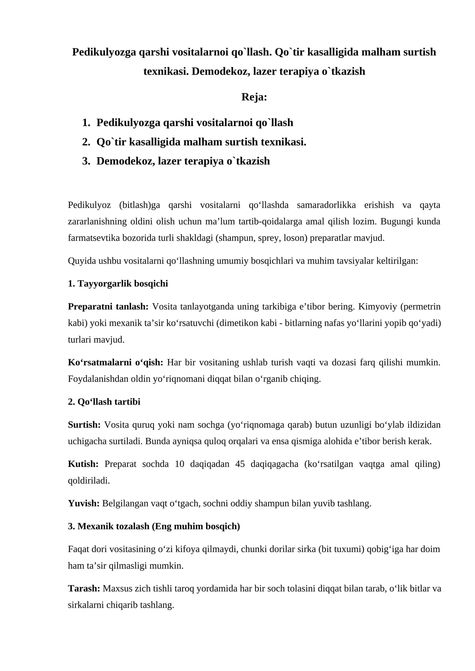 Pedikulyozga qarshi vositalarnoi qo`llash