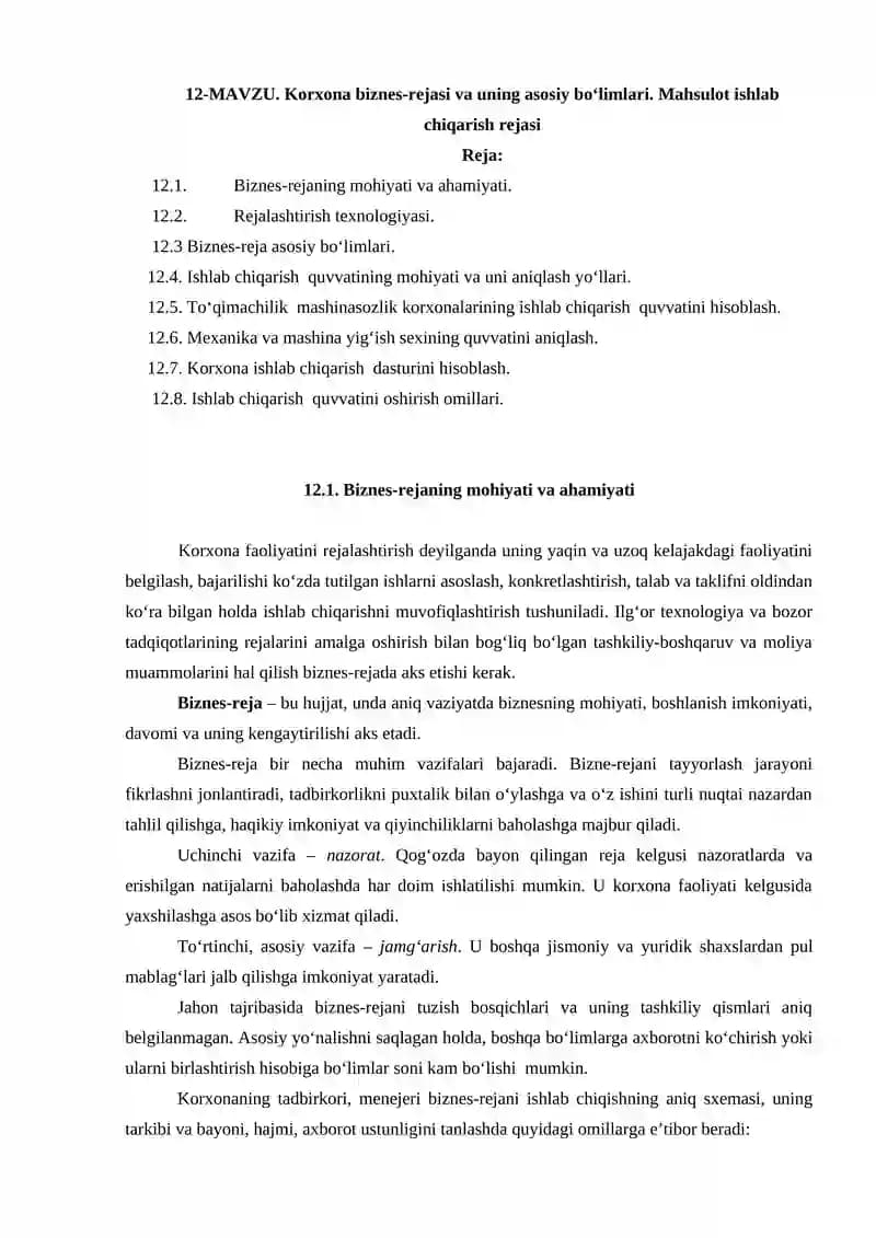 Korxona biznes-rejasi va uning asosiy bo‘limlari