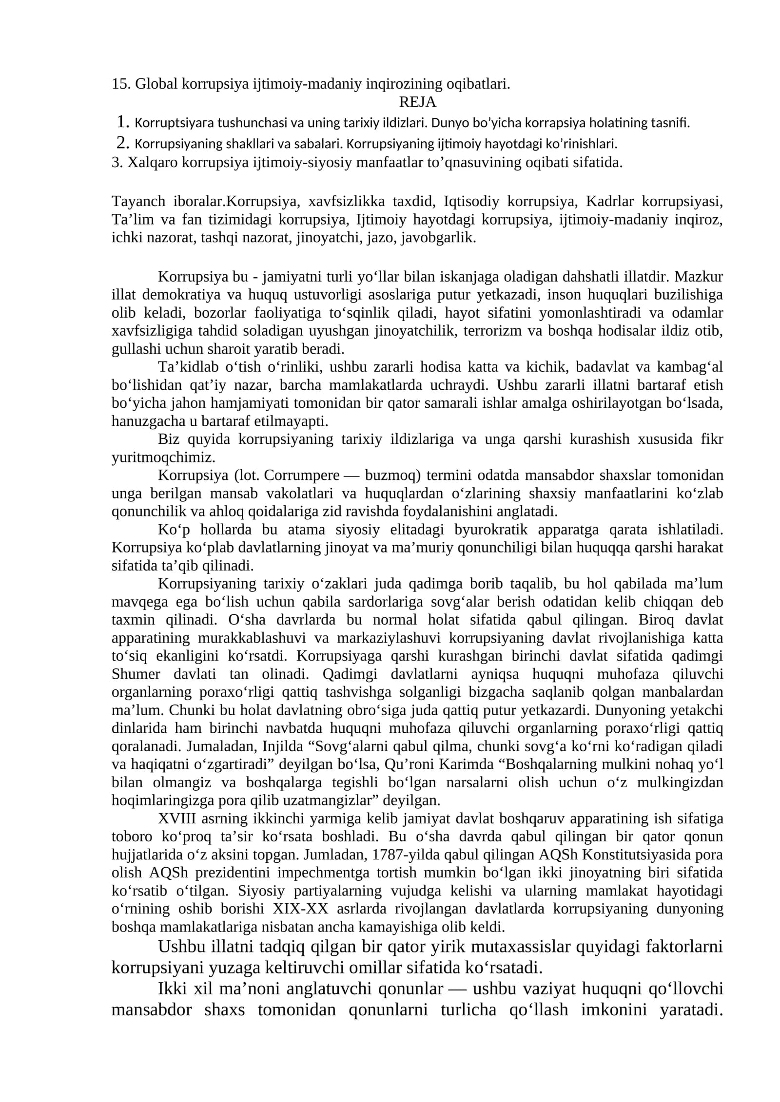 Global korrupsiya ijtimoiy-madaniy inqirozining oqibatlari