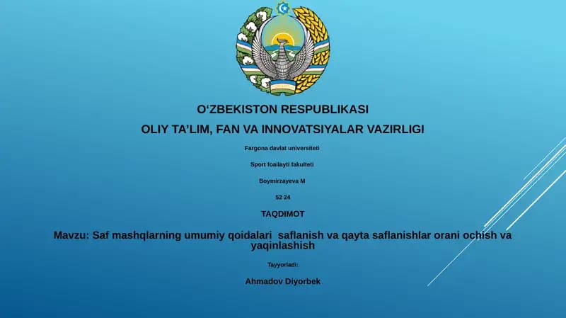 Saf mashqlarning umumiy qoidalari saflanish va qayta saflanishlar orani ochish va yaqinlashish