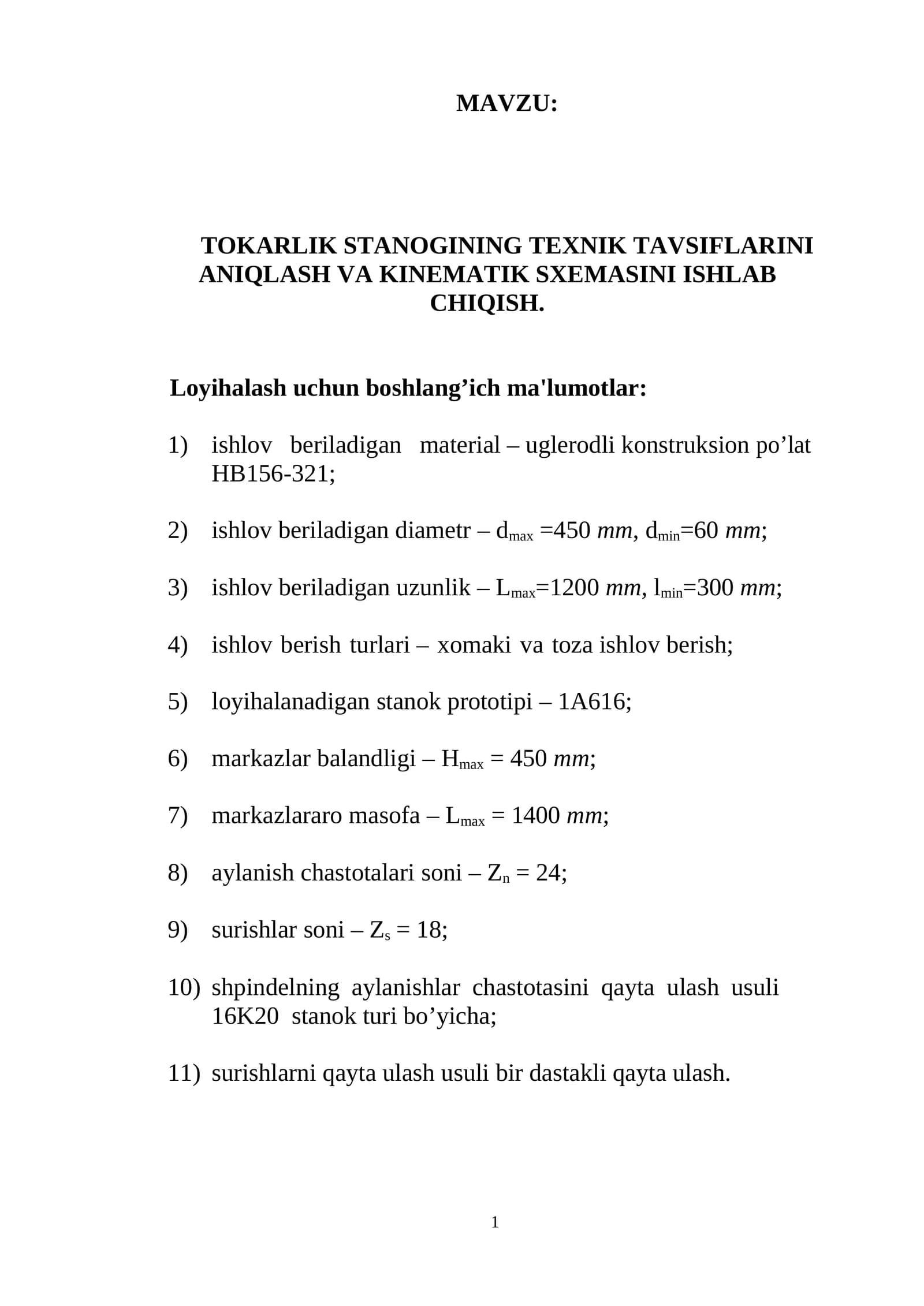 TOKARLIK STANOGINING TEXNIK TAVSIFLARINI ANIQLASH VA KINEMATIK SXEMASINI ISHLAB CHIQISH