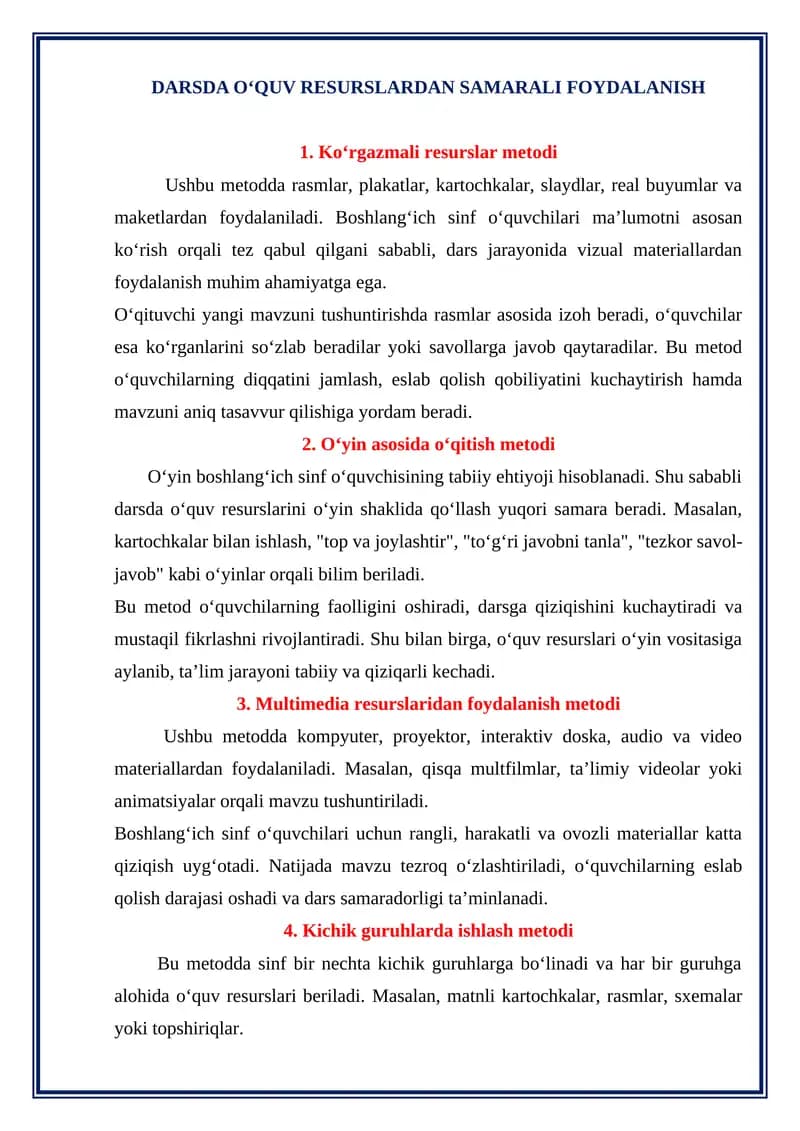 DARSDA O‘QUV RESURSLARDAN SAMARALI FOYDALANISHdarsda