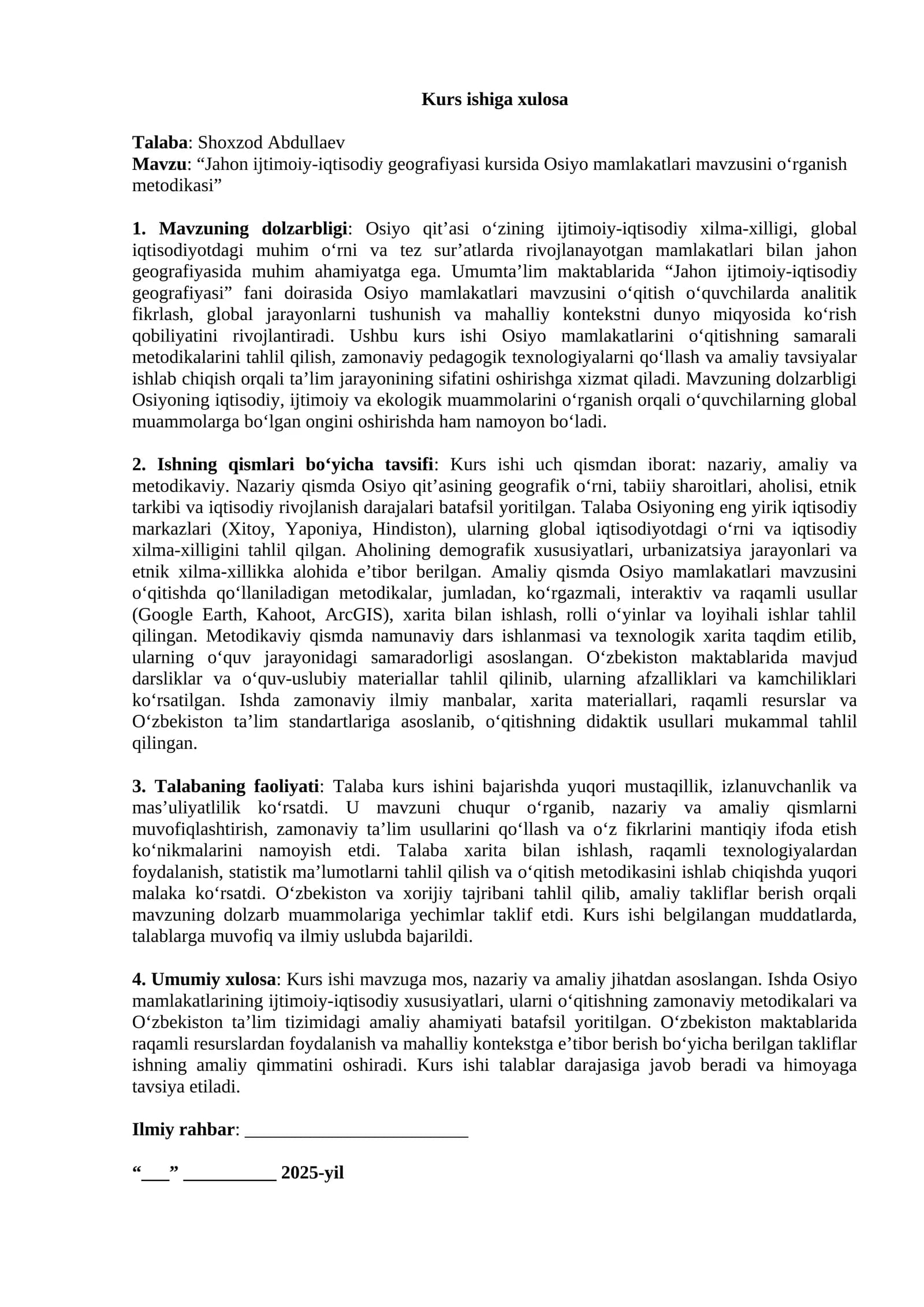 Jahon ijtimoiy-iqtisodiy geografiyasi kursida Osiyo mamlakatlari mavzusini o‘rganish metodikasi